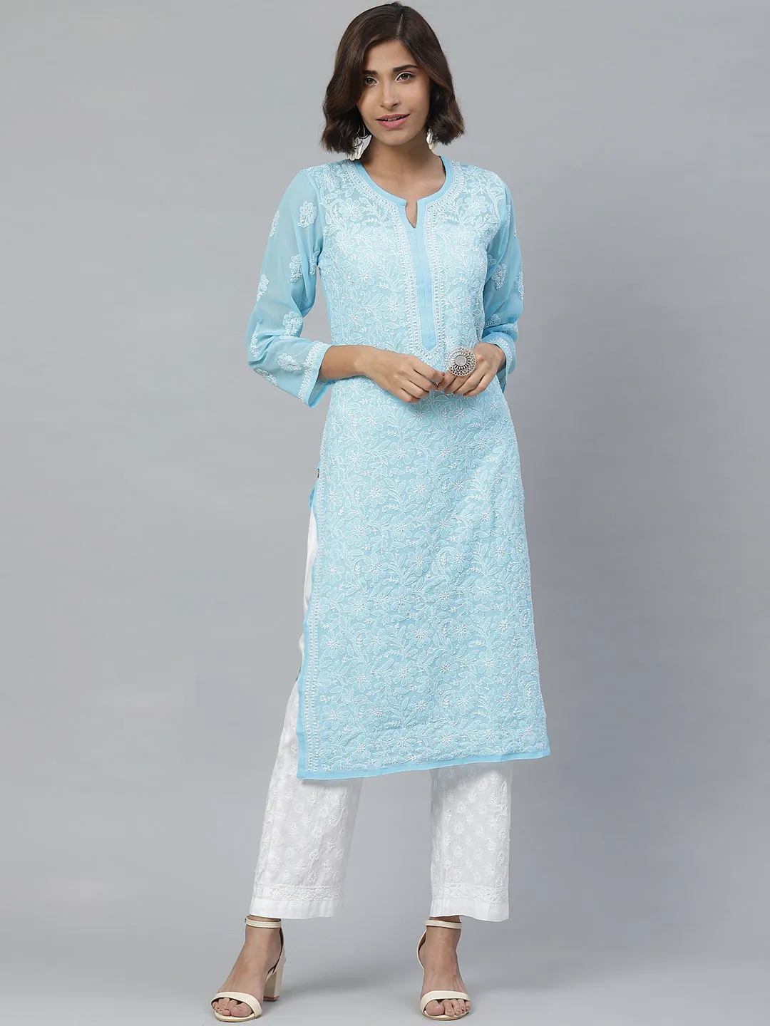 Sky Blue Chikan Kurta with White Palazzos