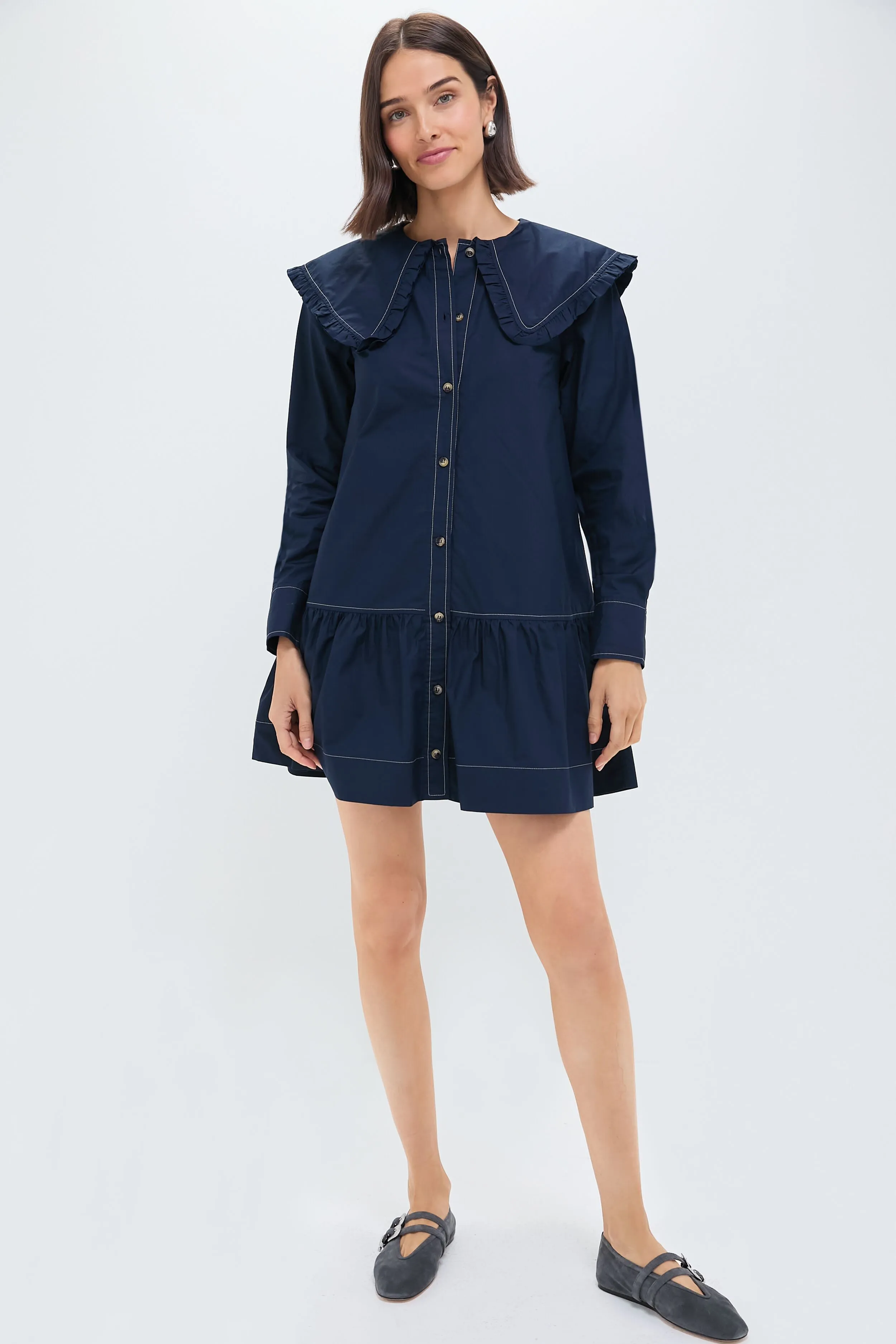 Sky Captain Cotton Poplin Big Collar Mini Shirt Dress