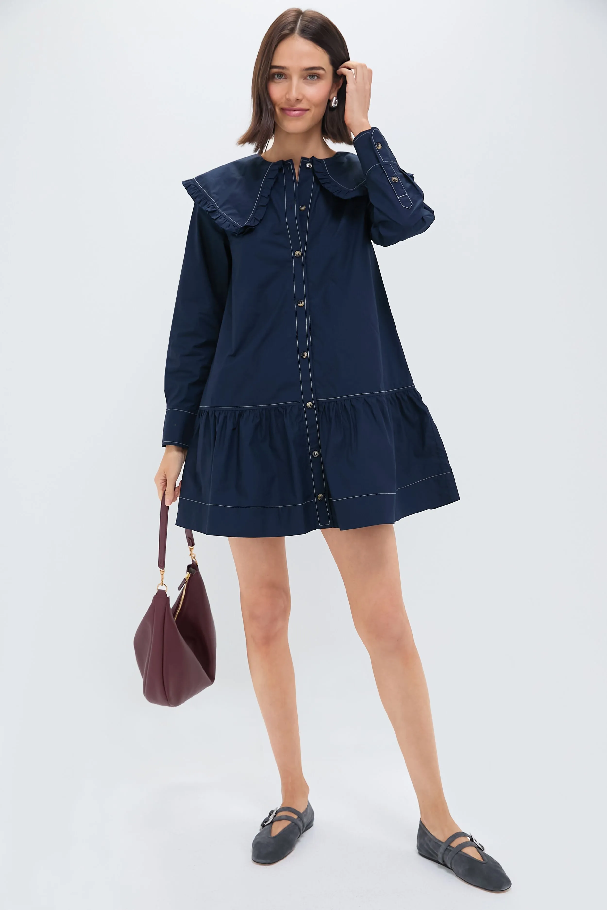 Sky Captain Cotton Poplin Big Collar Mini Shirt Dress