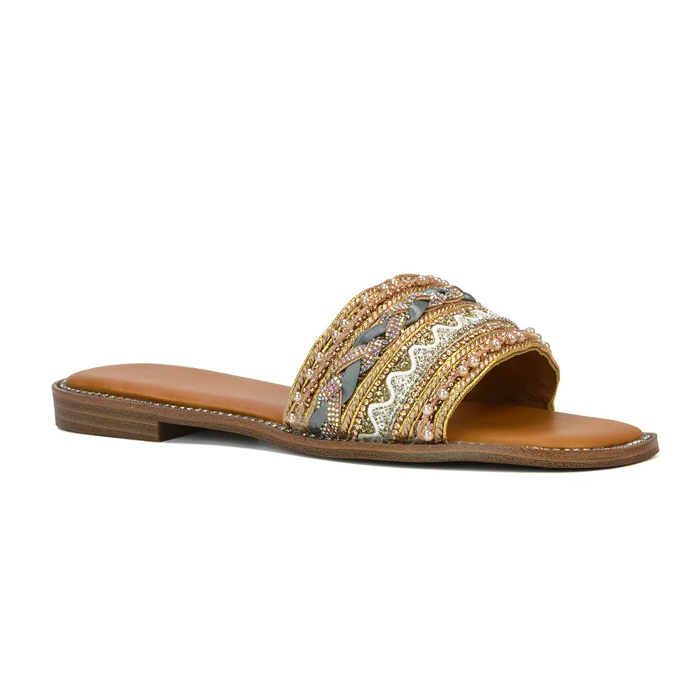 Skyes Diamante Pattern Strap Square Toe Flat Sandal Sliders in Nude