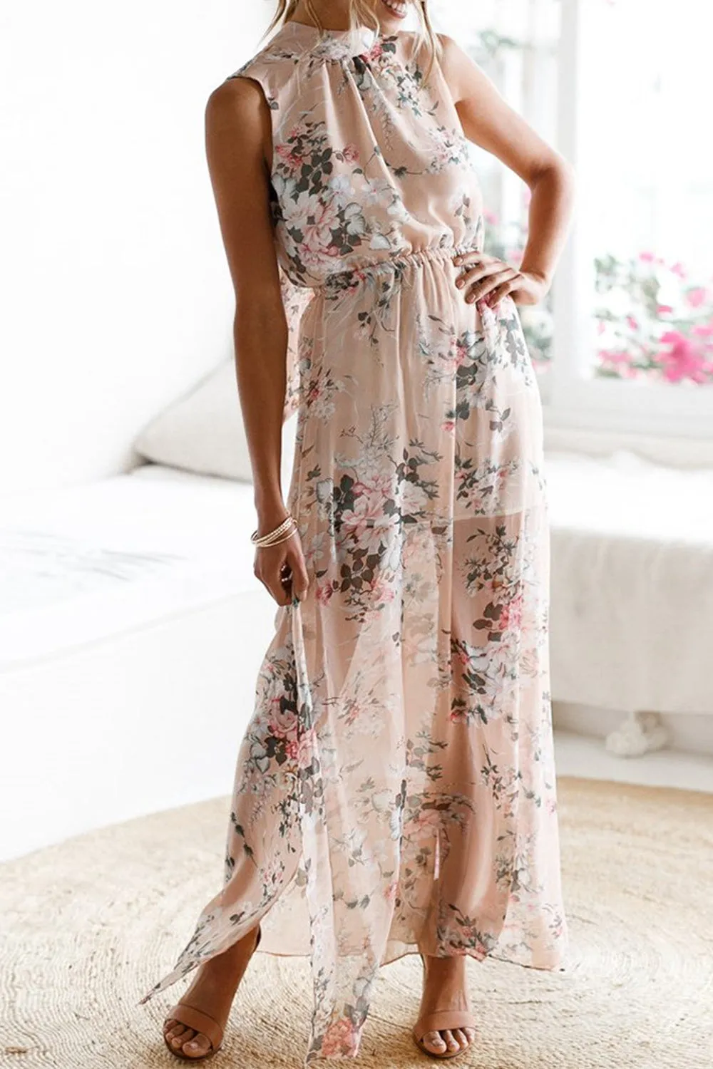 Soft Floral Pink Halter Dress