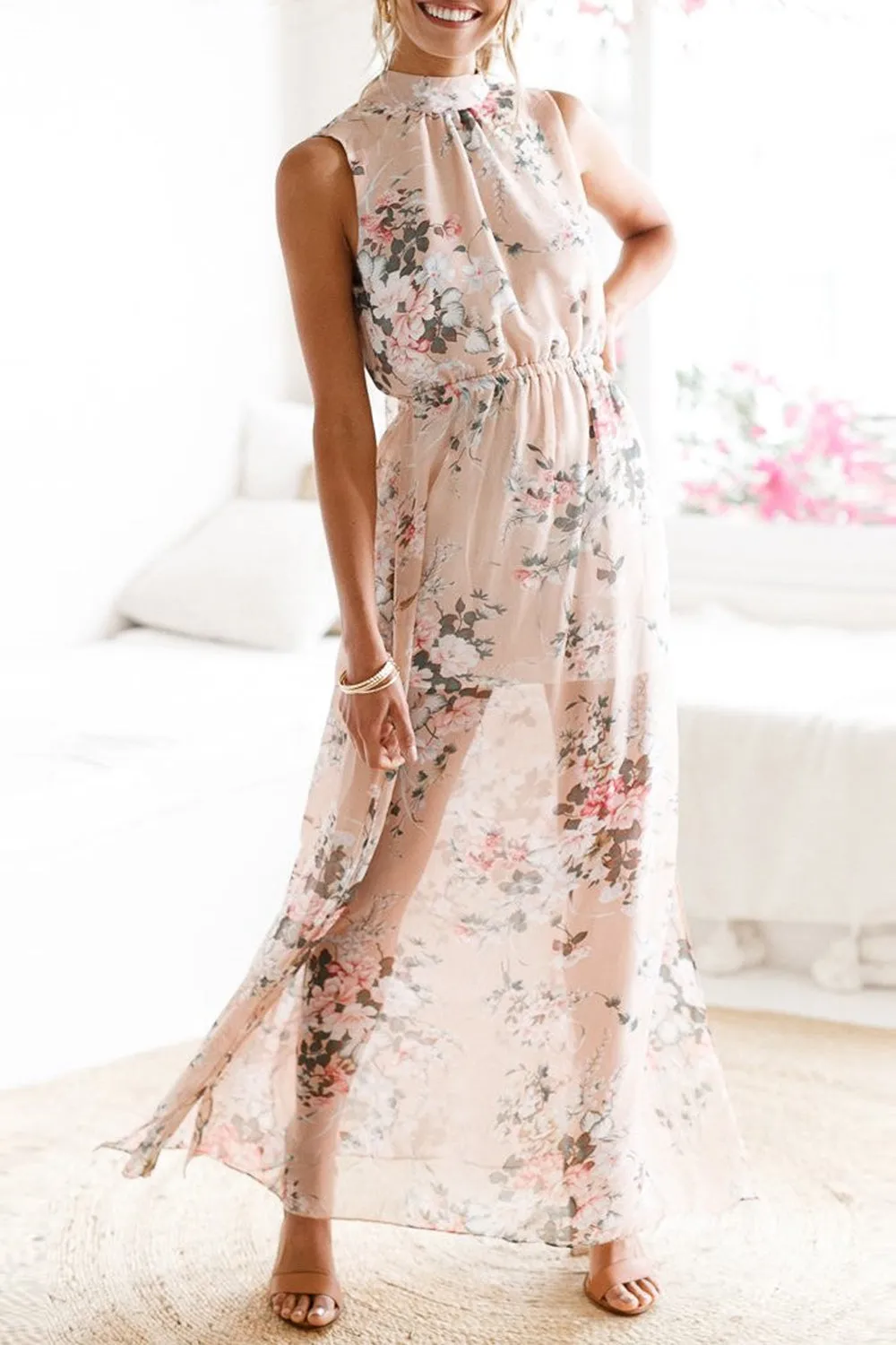 Soft Floral Pink Halter Dress