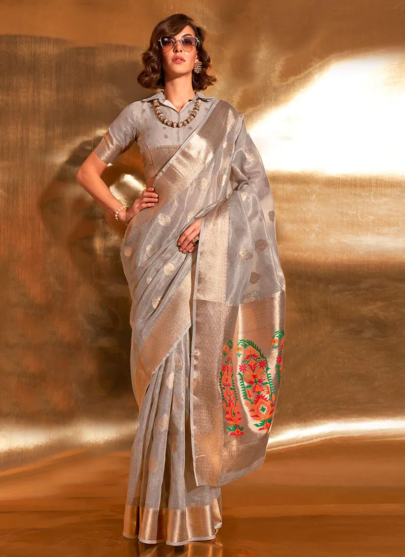 Soft Grey Paithani Tissue Silk Saree