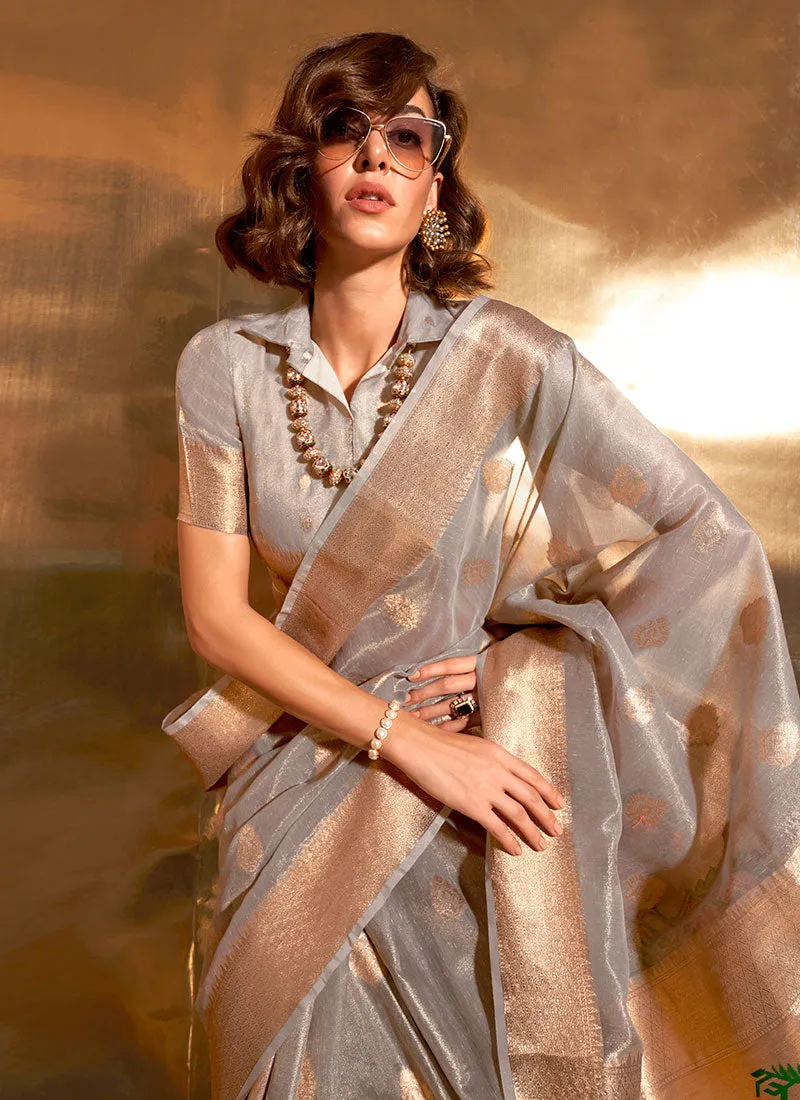 Soft Grey Paithani Tissue Silk Saree