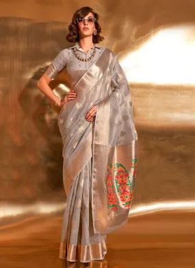 Soft Grey Paithani Tissue Silk Saree