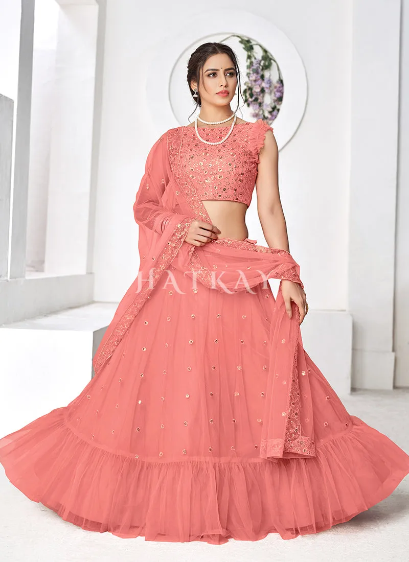 Soft Peach Sequence Embroidered Designer Lehenga Choli