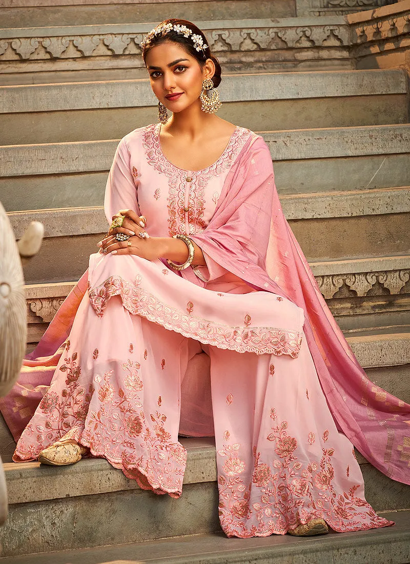 Soft Pink Embroidered Designer Palazzo Suit