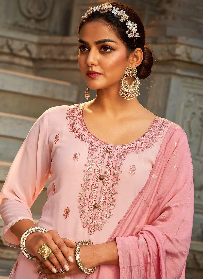 Soft Pink Embroidered Designer Palazzo Suit