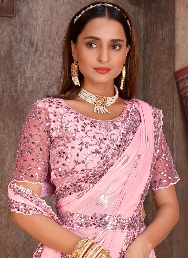 Soft Pink Mirror Work Embroidery Silk Saree