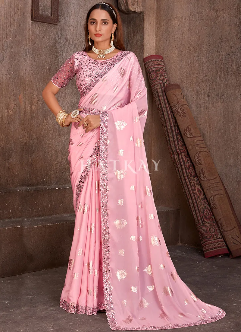 Soft Pink Mirror Work Embroidery Silk Saree