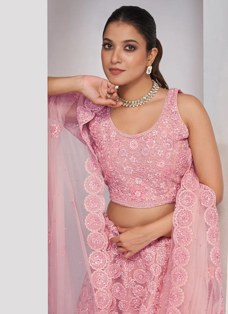 Soft Pink Sequence Embroidery Wedding Style Lehenga