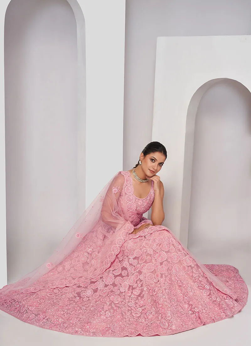 Soft Pink Sequence Embroidery Wedding Style Lehenga