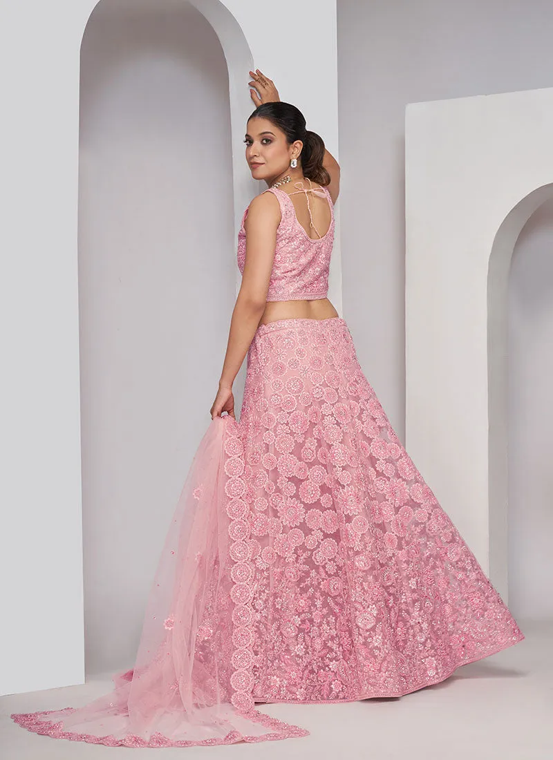 Soft Pink Sequence Embroidery Wedding Style Lehenga