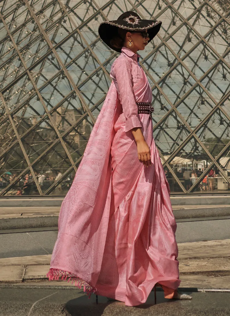 Soft Pink Weaved Traditional Satin Silk Saree