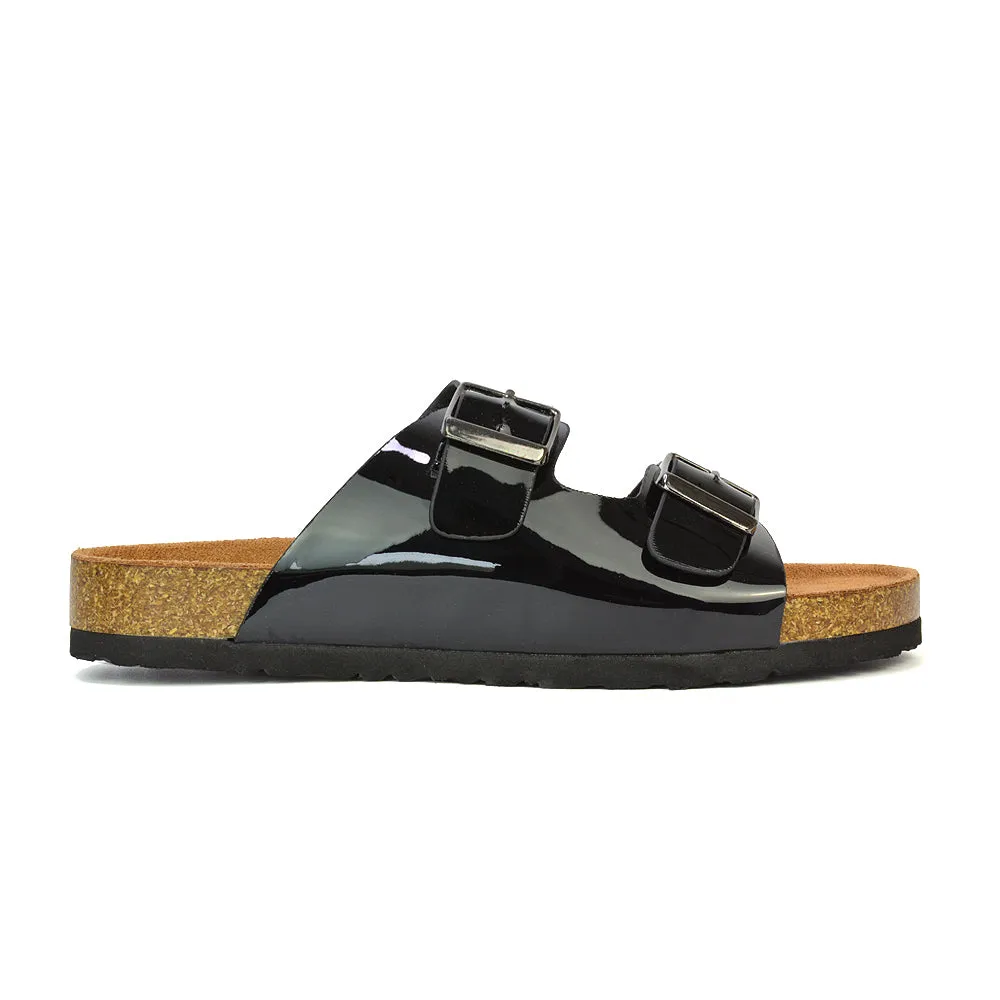 Star Double Buckle Strap Flat Slider Casual Footbed Summer Mule Sandals in Black Patent