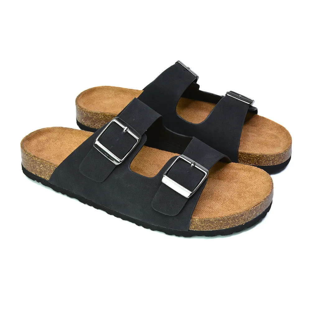 Star Double Buckle Strap Flat Slider Casual Footbed Summer Mule Sandals in Black Patent