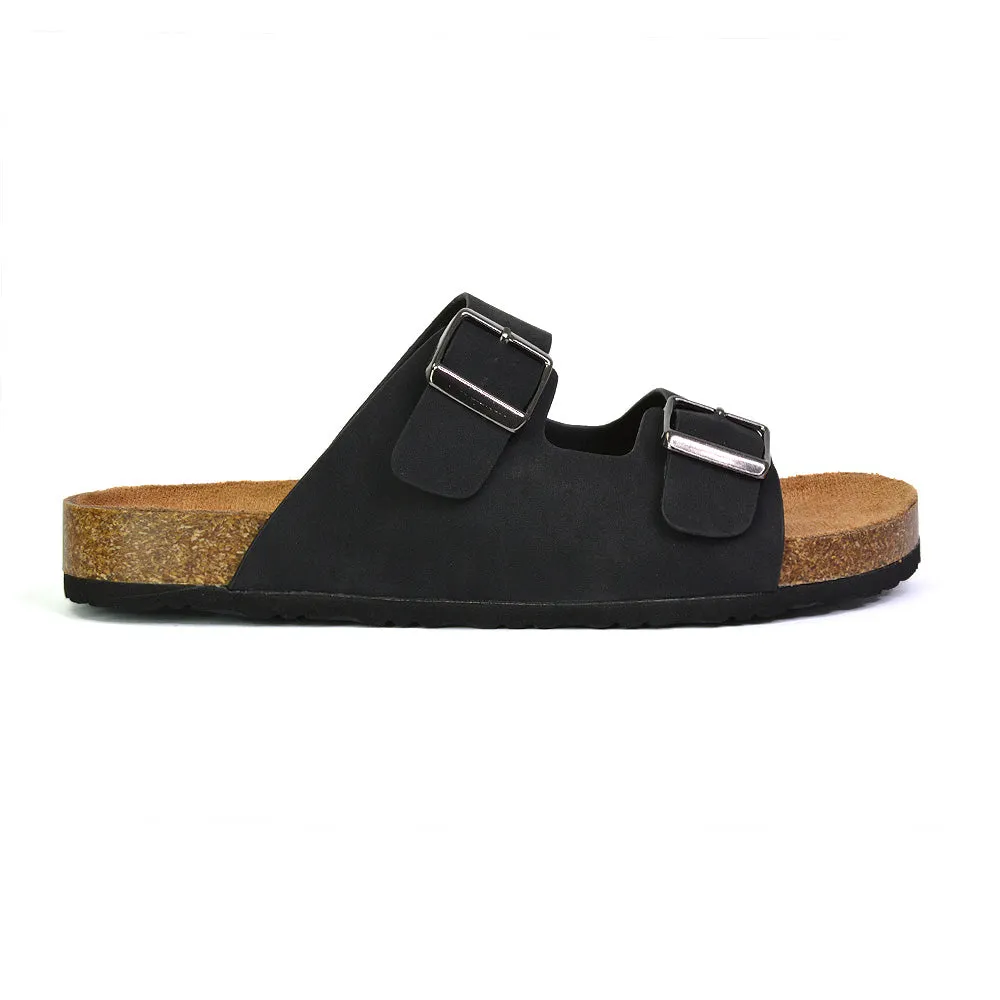 Star Double Buckle Strap Flat Slider Casual Footbed Summer Mule Sandals in Black Patent