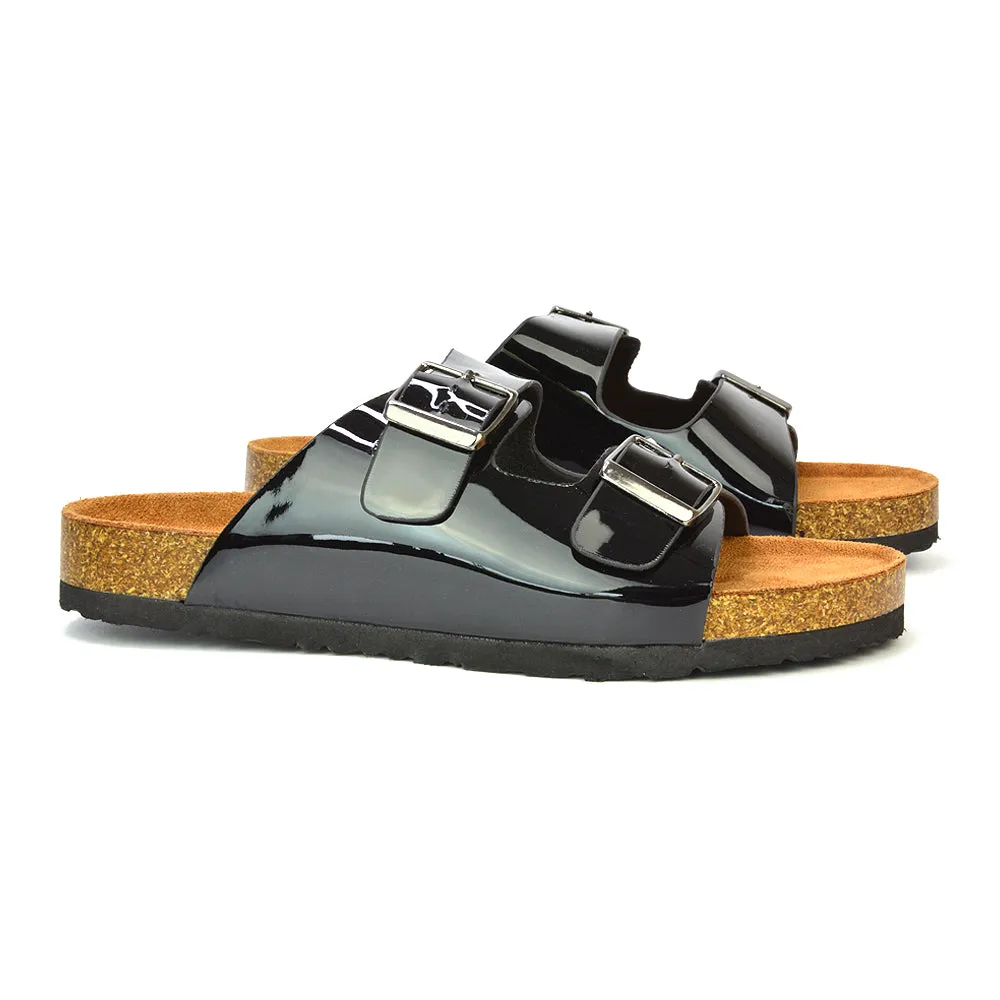 Star Double Buckle Strap Flat Slider Casual Footbed Summer Mule Sandals in Black Patent