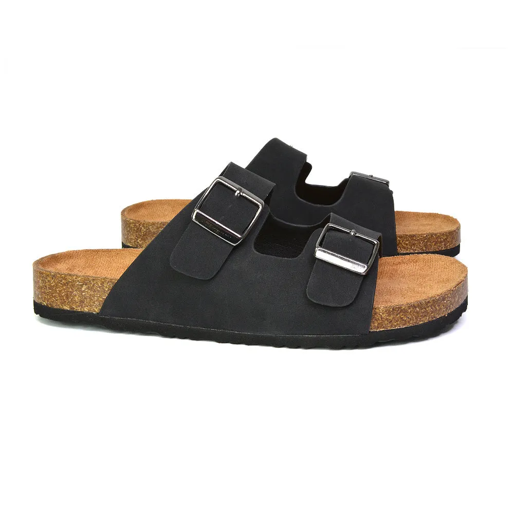 Star Double Buckle Strap Flat Slider Casual Footbed Summer Mule Sandals in Black Patent