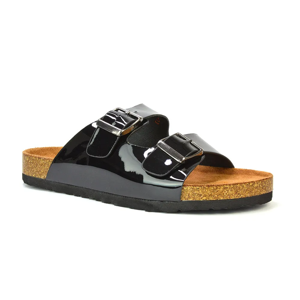 Star Double Buckle Strap Flat Slider Casual Footbed Summer Mule Sandals in Black