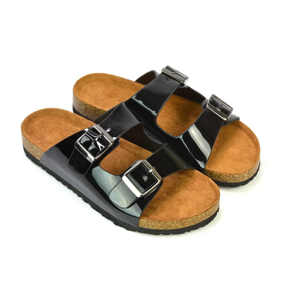 Star Double Buckle Strap Flat Slider Casual Footbed Summer Mule Sandals in Black