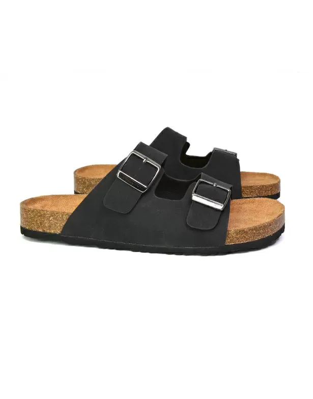 Star Double Buckle Strap Flat Slider Casual Footbed Summer Mule Sandals in Black