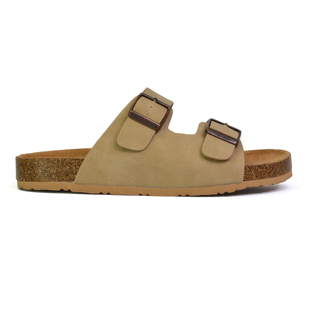 Star Double Buckle Strap Flat Slider Casual Footbed Summer Mule Sandals in Taupe