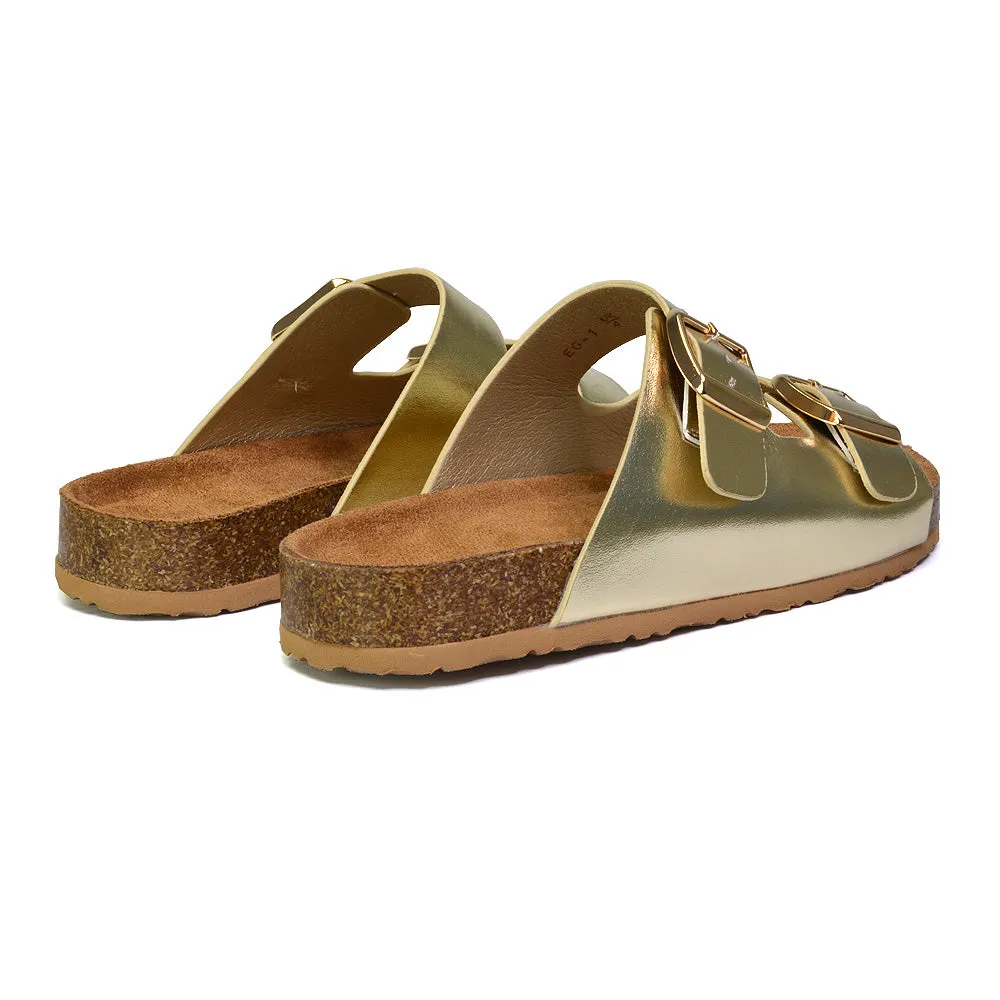 Star Double Buckle Strap Flat Slider Casual Footbed Summer Mule Sandals in Taupe