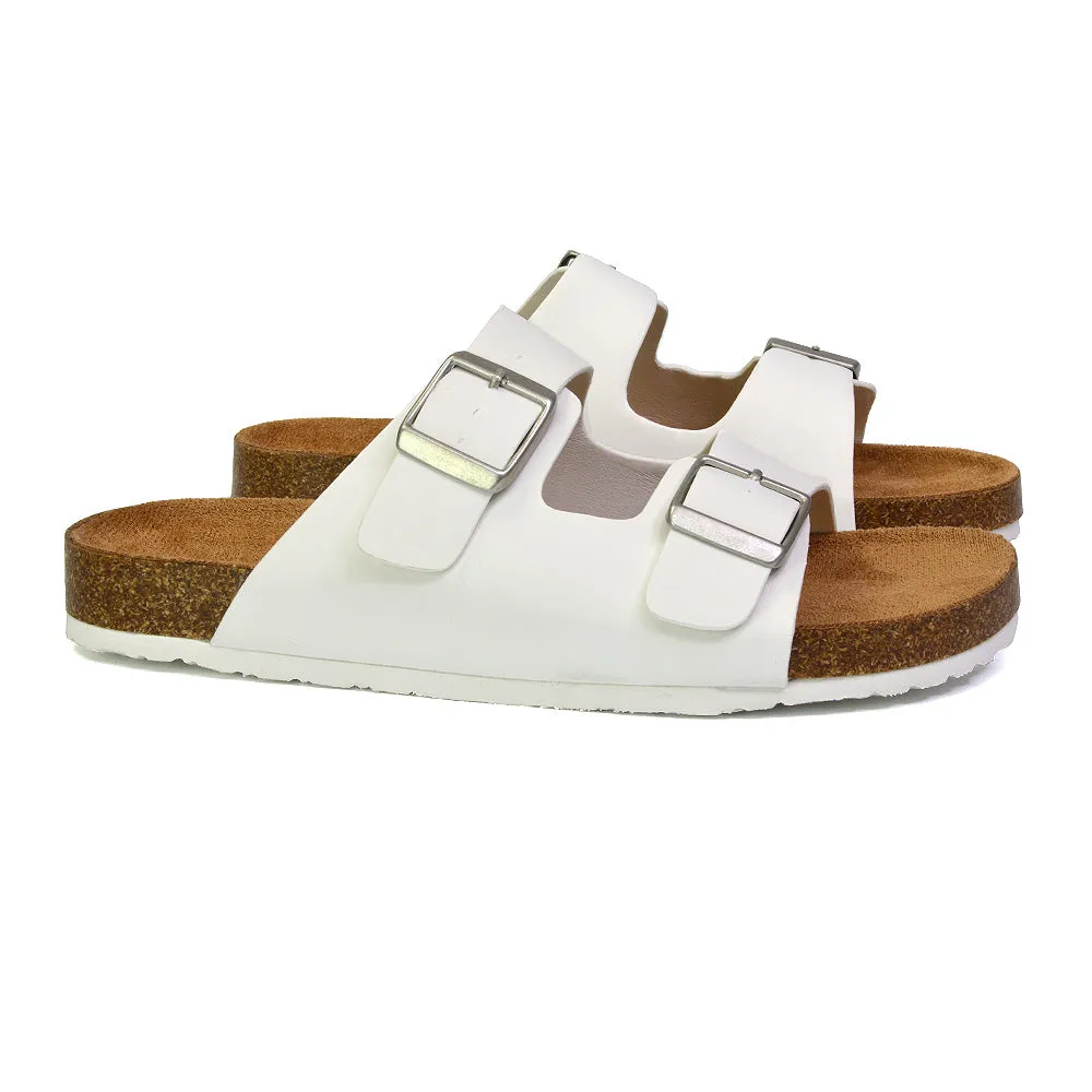 Star Double Buckle Strap Flat Slider Casual Footbed Summer Mule Sandals in Taupe