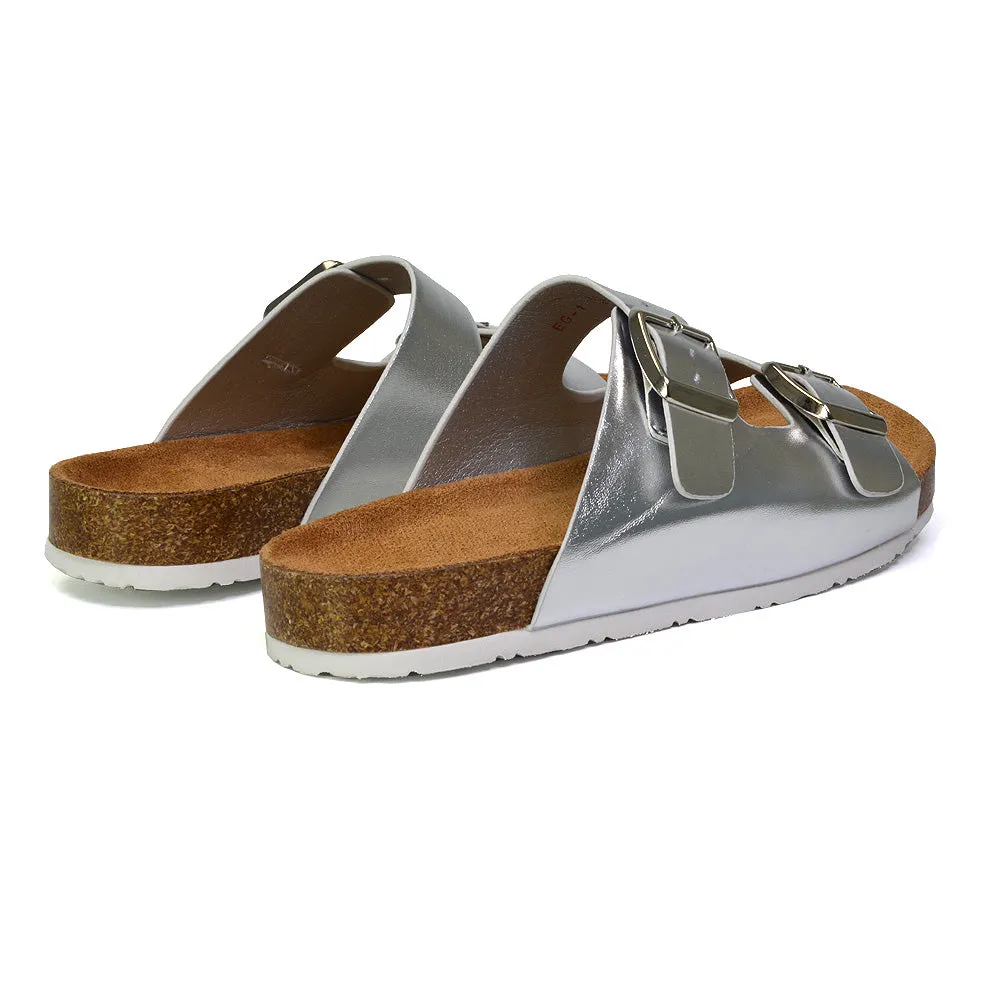 Star Double Buckle Strap Flat Slider Casual Footbed Summer Mule Sandals in Taupe