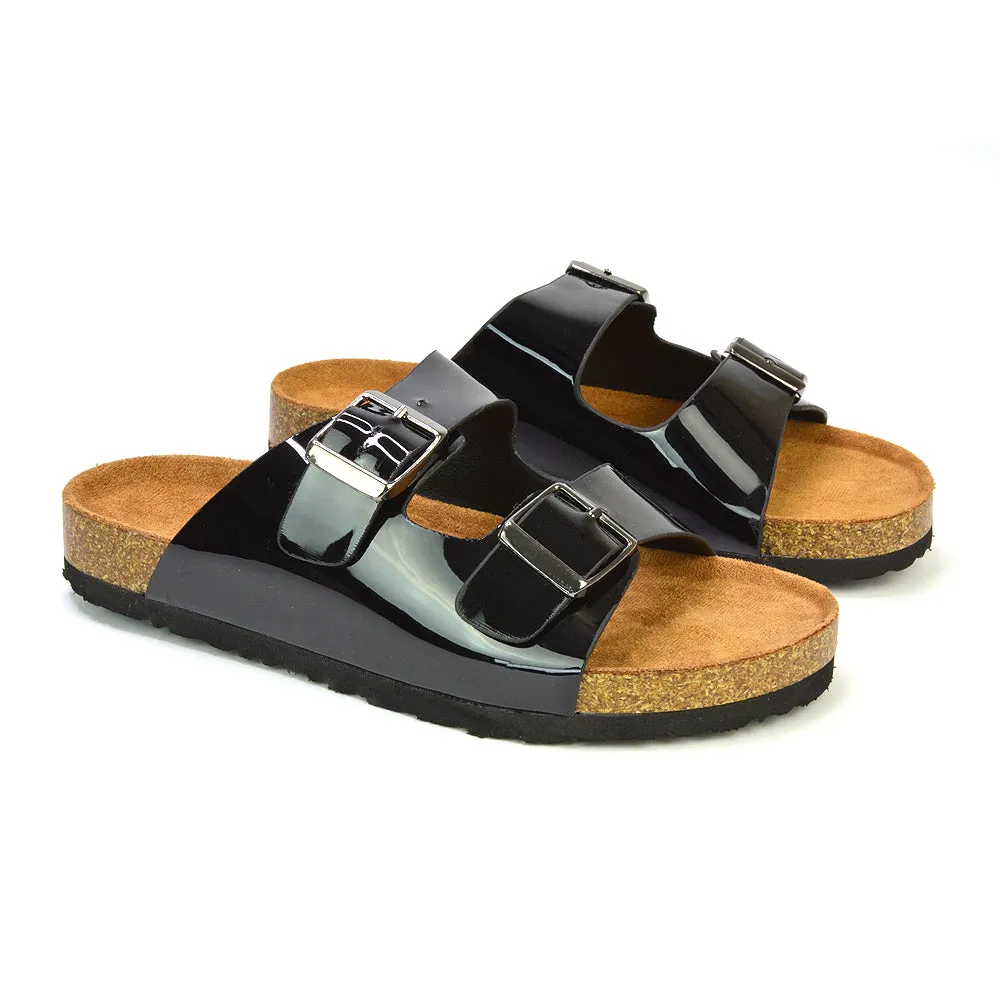 Star Double Buckle Strap Flat Slider Casual Footbed Summer Mule Sandals in Taupe