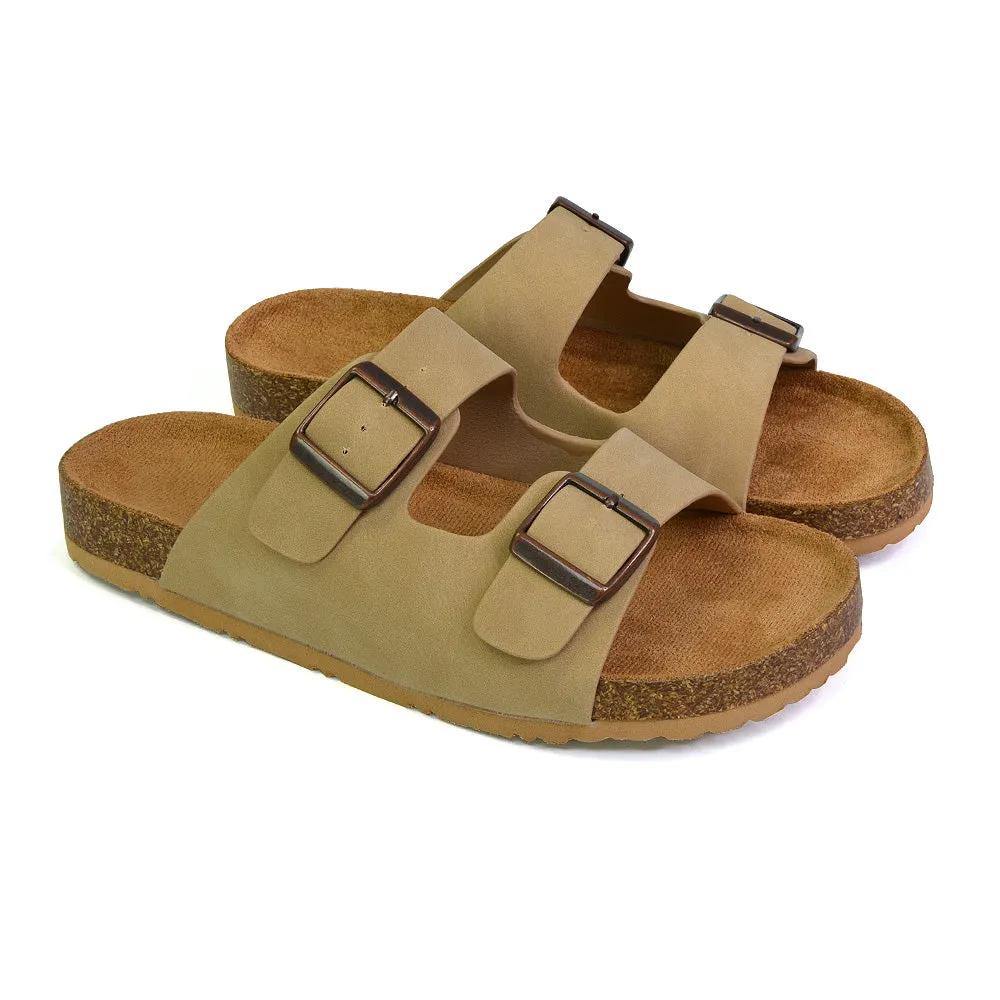 Star Double Buckle Strap Flat Slider Casual Footbed Summer Mule Sandals in Taupe