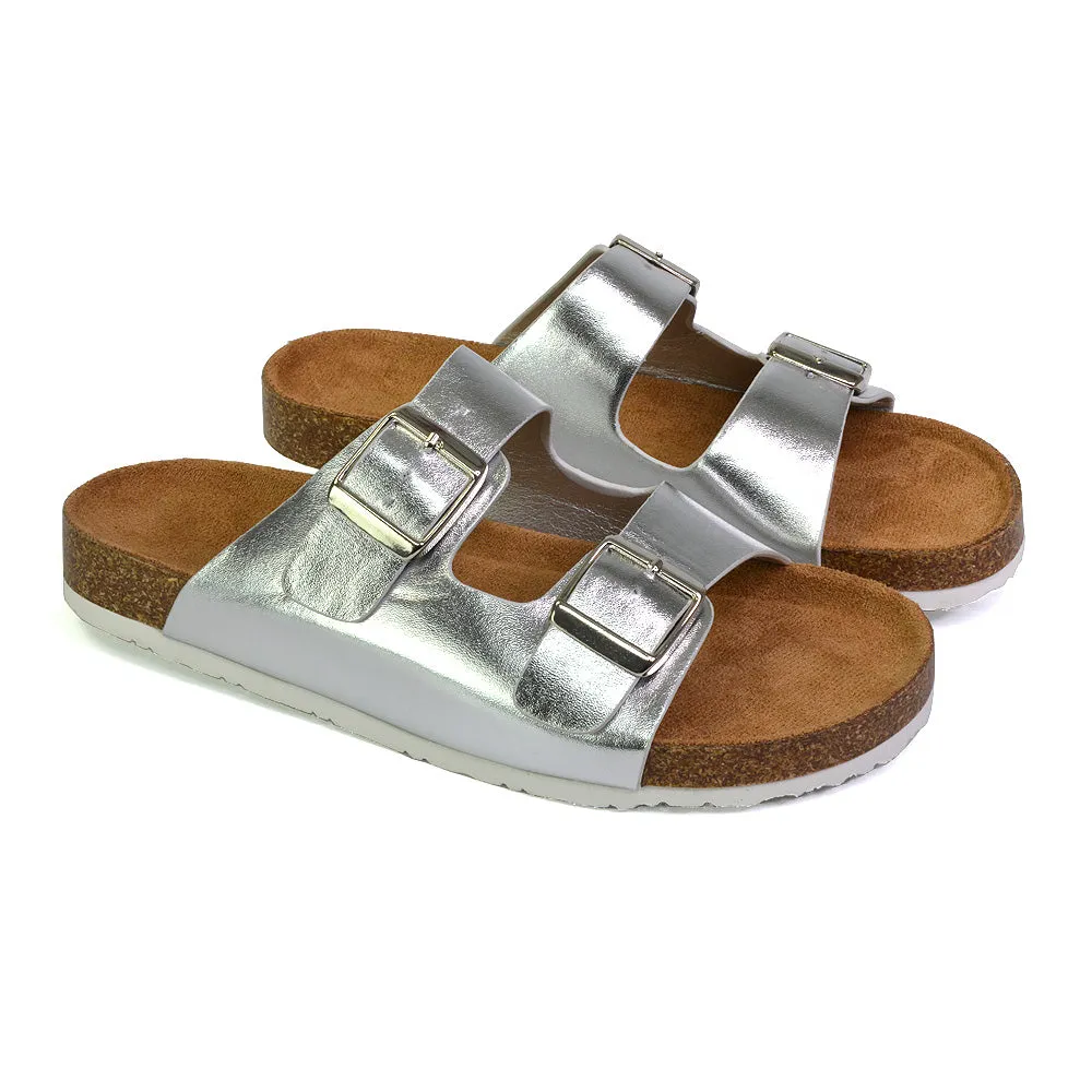 Star Double Buckle Strap Flat Slider Casual Footbed Summer Mule Sandals in Taupe