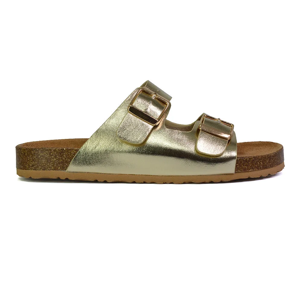 Star Double Buckle Strap Flat Slider Casual Footbed Summer Mule Sandals in Taupe