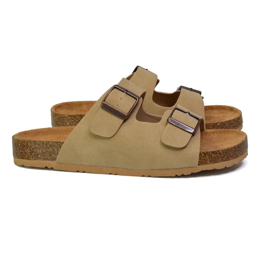 Star Double Buckle Strap Flat Slider Casual Footbed Summer Mule Sandals in Taupe