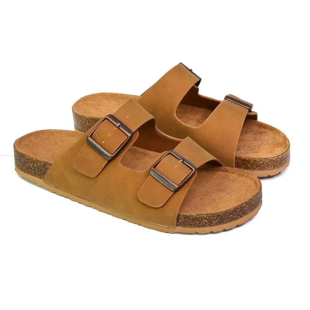 Star Double Buckle Strap Flat Slider Casual Footbed Summer Mule Sandals in Taupe