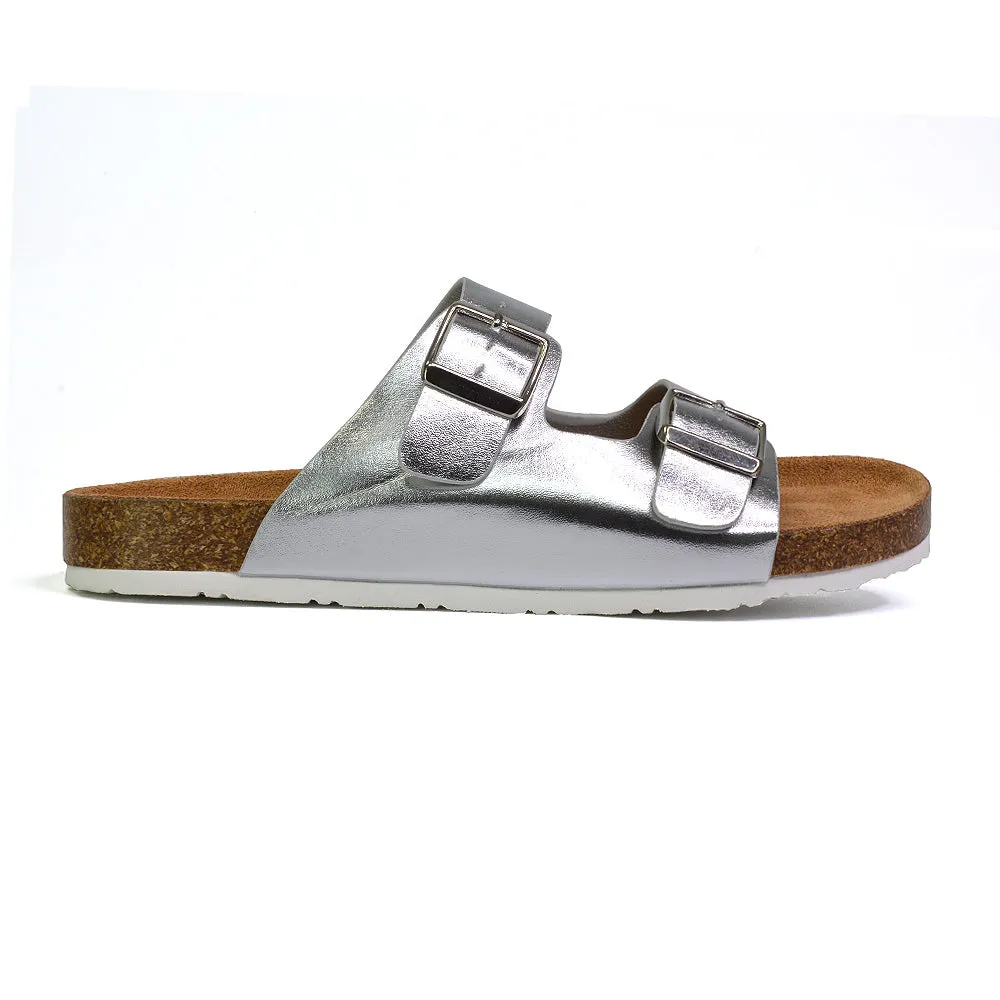 Star Double Buckle Strap Flat Slider Casual Footbed Summer Mule Sandals in Taupe