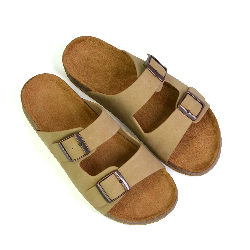 Star Double Buckle Strap Flat Slider Casual Footbed Summer Mule Sandals in Taupe