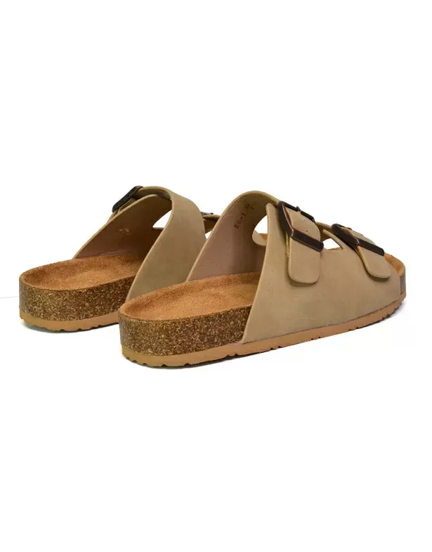 Star Double Buckle Strap Flat Slider Casual Footbed Summer Mule Sandals in Taupe