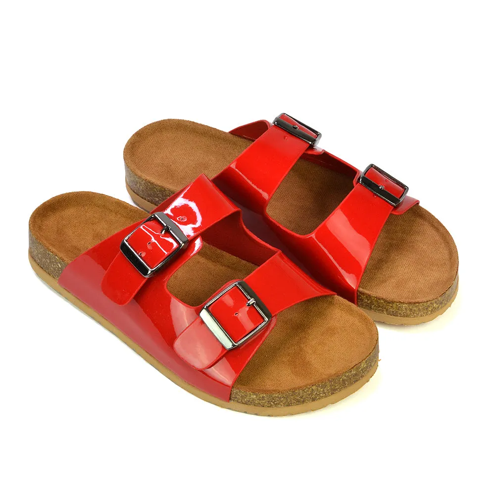 Star Double Buckle Strap Flat Slider Casual Footbed Summer Mule Sandals in Taupe