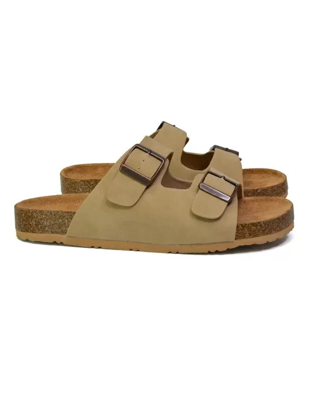 Star Double Buckle Strap Flat Slider Casual Footbed Summer Mule Sandals in Taupe