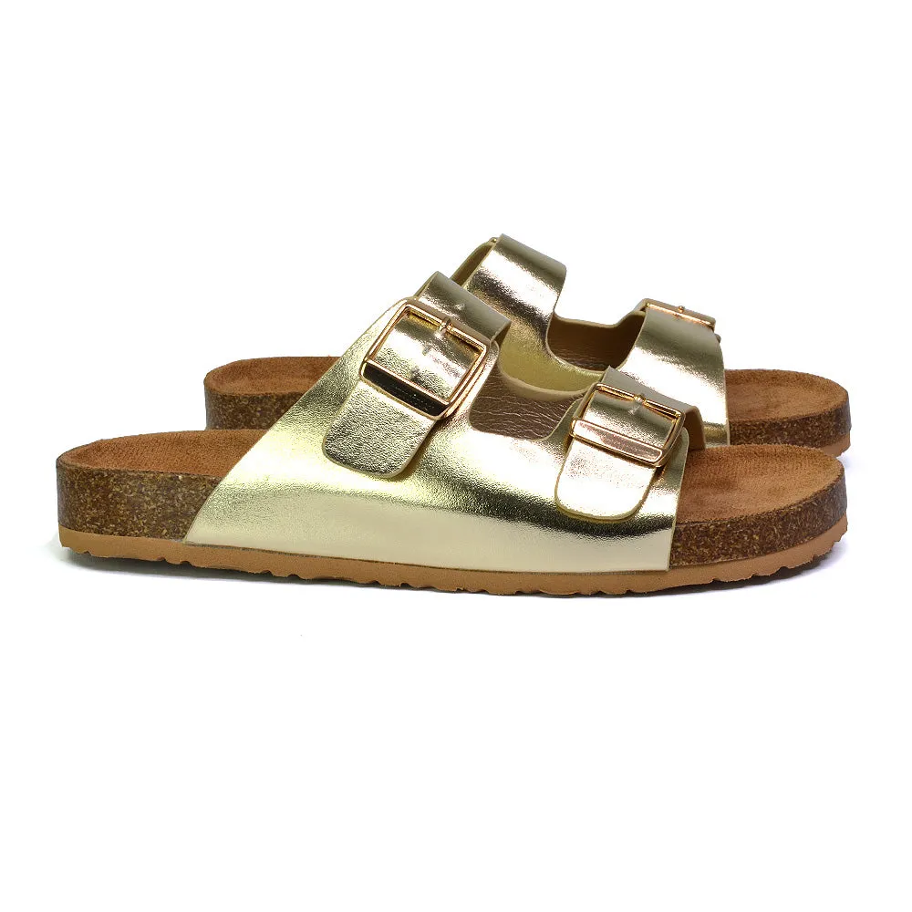 Star Double Buckle Strap Flat Slider Casual Footbed Summer Mule Sandals in Taupe