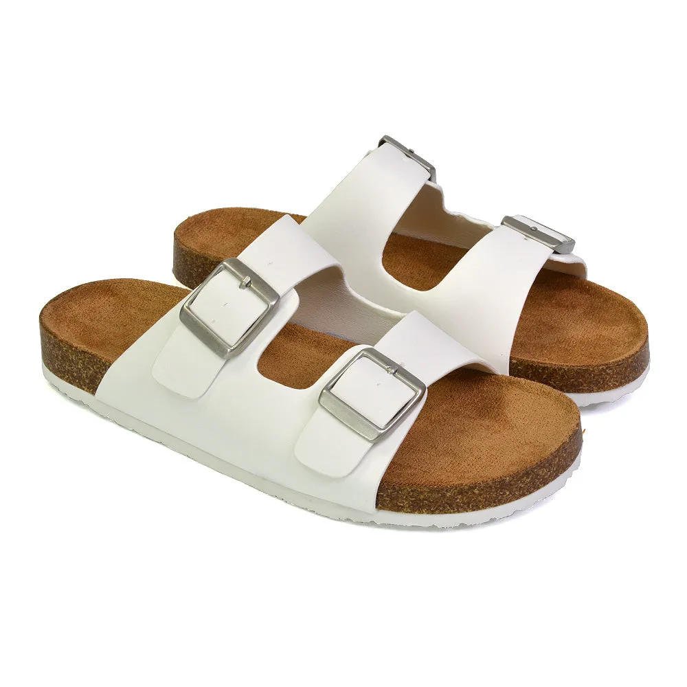 Star Double Buckle Strap Flat Slider Casual Footbed Summer Mule Sandals in Taupe