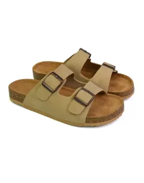 Star Double Buckle Strap Flat Slider Casual Footbed Summer Mule Sandals in Taupe