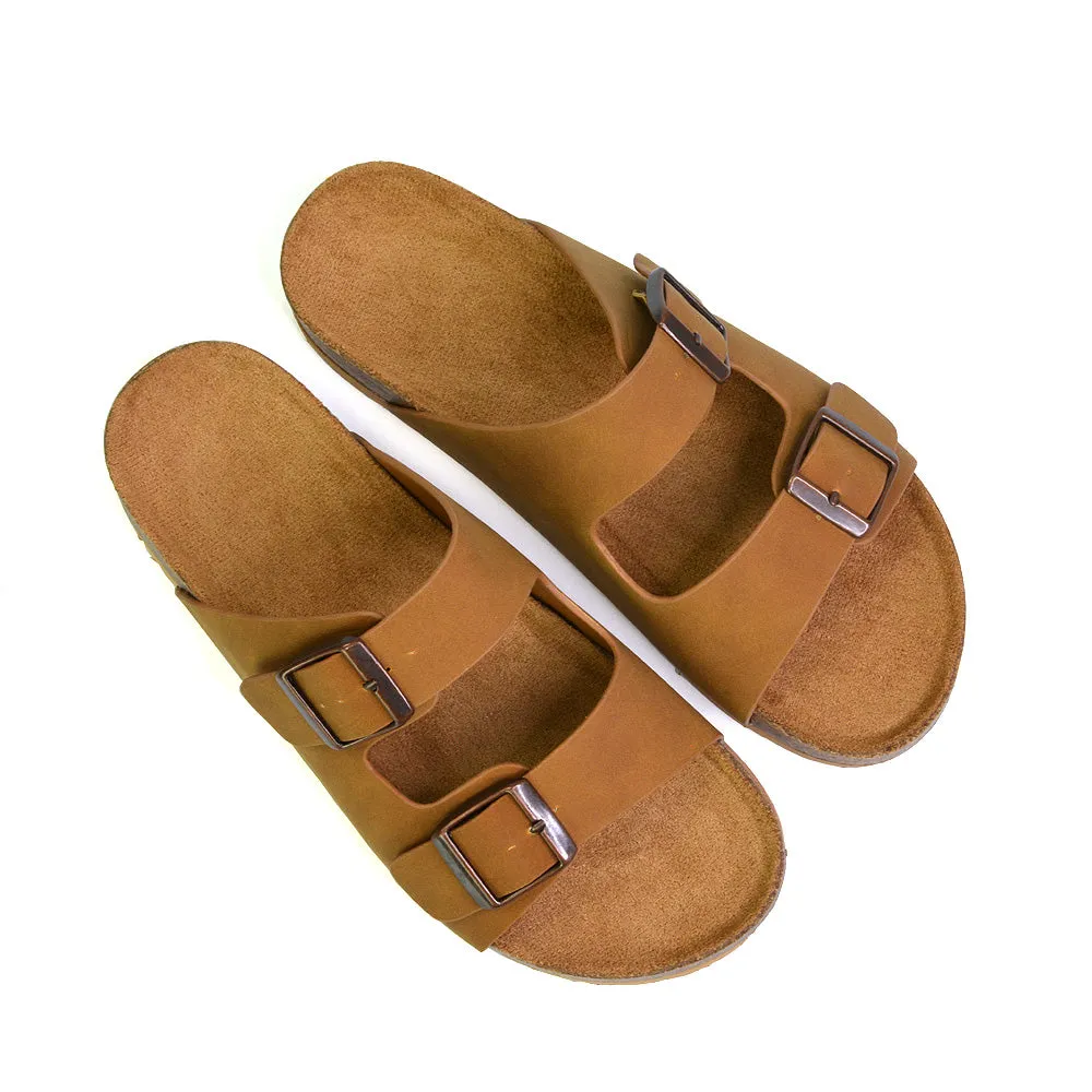 Star Double Buckle Strap Flat Slider Casual Footbed Summer Mule Sandals in Taupe