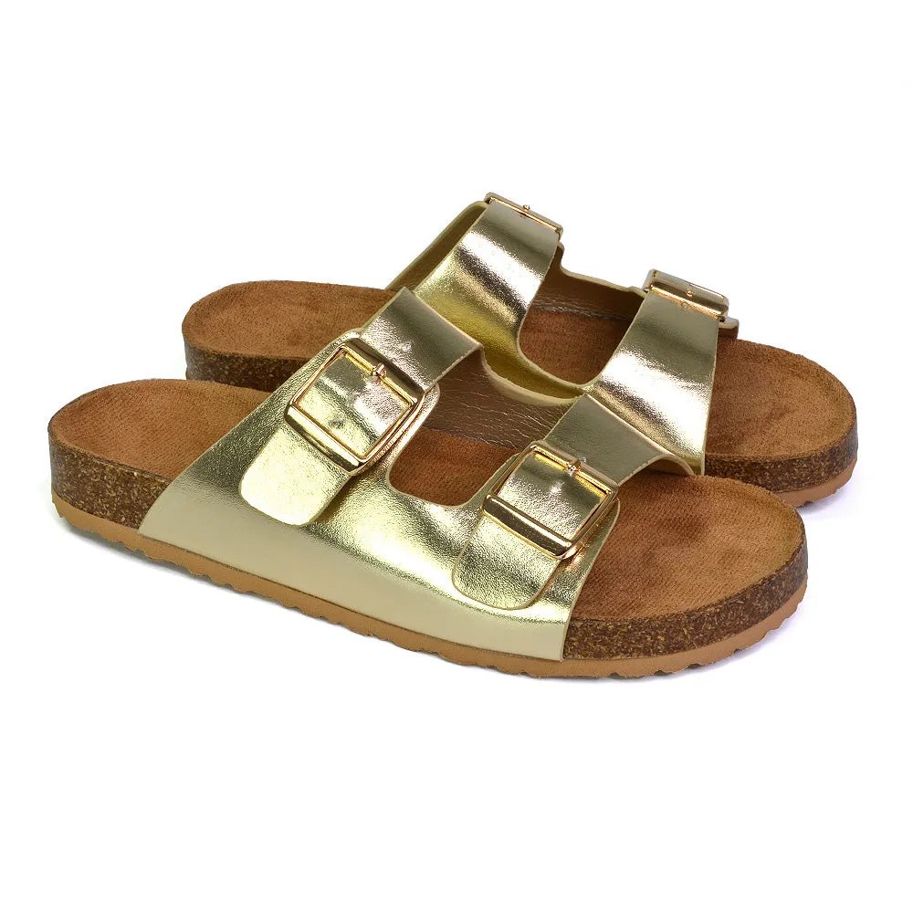 Star Double Buckle Strap Flat Slider Casual Footbed Summer Mule Sandals in Taupe