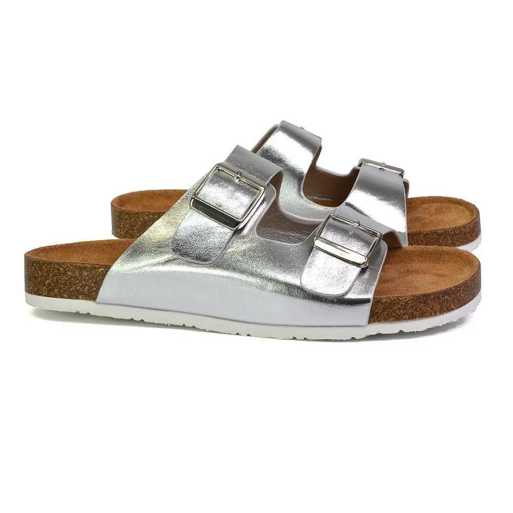 Star Double Buckle Strap Flat Slider Casual Footbed Summer Mule Sandals in Taupe