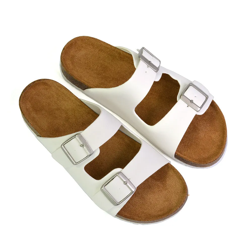 Star Double Buckle Strap Flat Slider Casual Footbed Summer Mule Sandals in Taupe