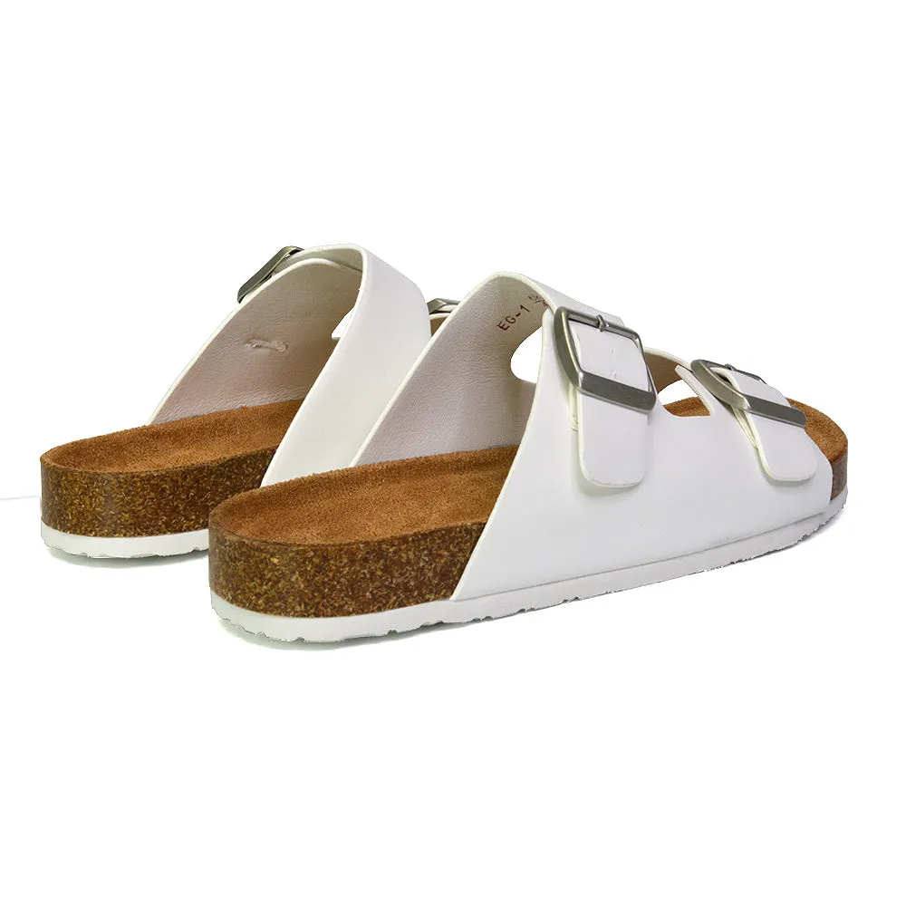 Star Double Buckle Strap Flat Slider Casual Footbed Summer Mule Sandals in White