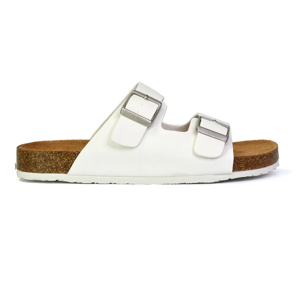 Star Double Buckle Strap Flat Slider Casual Footbed Summer Mule Sandals in White